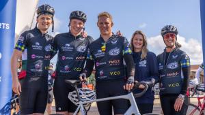 Former Tigers captain Lewis Moody with family members of Scottish rugby hero Doddie Weir after their 500-mile bike ride earlier in 2026